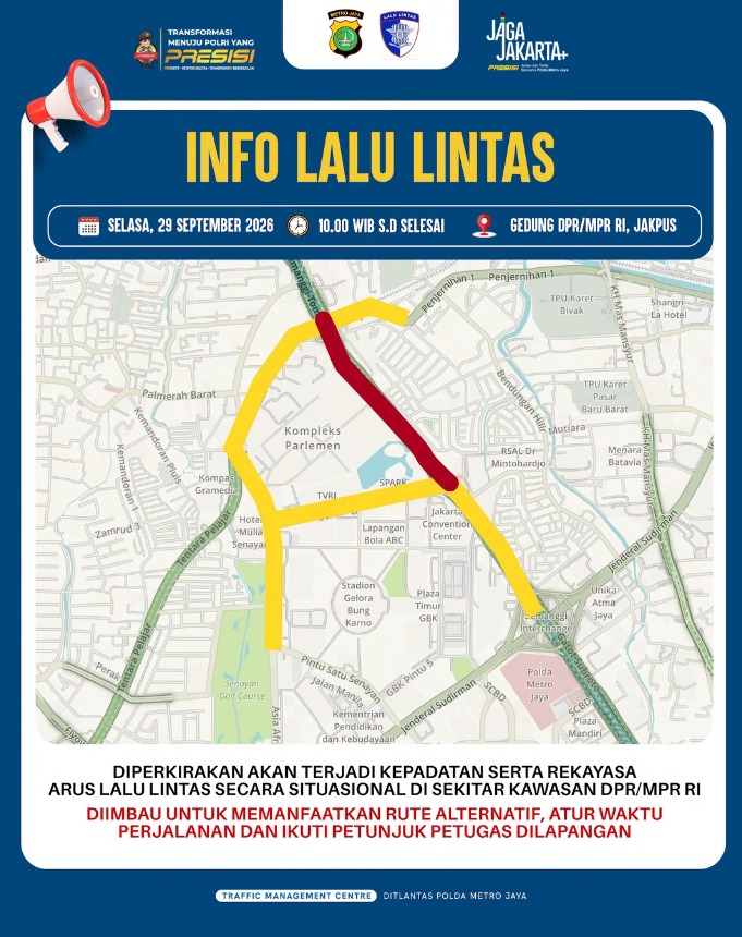 Ada Aksi di DPR Hari Ini, Ditlantas Polda Metro Imbau Pengendara Antisipasi Kepadatan